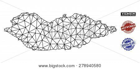 Black Mesh Vector Map Of Socotra Island Isolated On A White Background And Grunge Watermarks For Net
