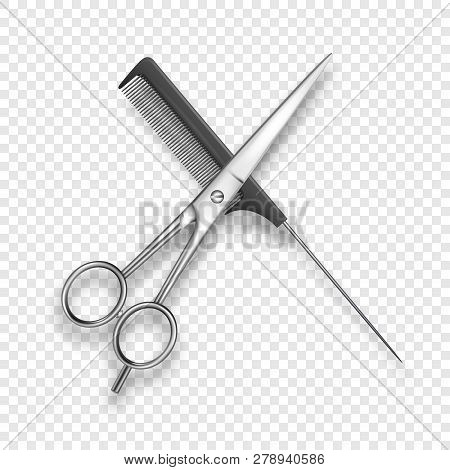 Vector Realistic 3d Classic Simple Scissors And Black Plastic Hairdresser S Comb Icon For Salon, Bar
