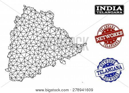 Black Mesh Vector Map Of Telangana State Isolated On A White Background And Grunge Stamp Seals For N