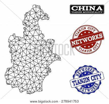 Black Mesh Vector Map Of Tianjin Municipality Isolated On A White Background And Grunge Watermarks F