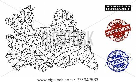 Black Mesh Vector Map Of Utrecht Province Isolated On A White Background And Scratched Watermarks Fo