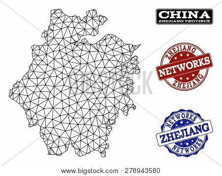 Black Mesh Vector Map Of Zhejiang Province Isolated On A White Background And Rubber Stamp Seals For