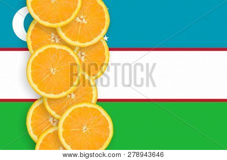 Uzbekistan Flag And Citrus Fruit Slices Vertical Row
