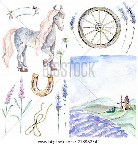 Romantic Provence Graphic Watercolor Collection. Pastoral Landsc