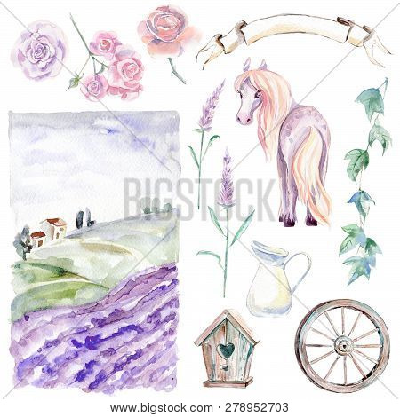 Romantic Provence Graphic Watercolor Collection. Pastoral Landsc