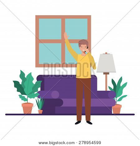 Young Man In Living Room Avatar Character Vector Illustration Design