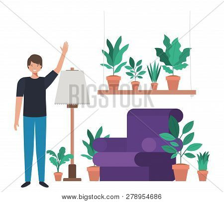 Young Man In Living Room Avatar Character Vector Illustration Design