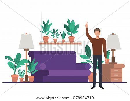 Young Man In Living Room Avatar Character Vector Illustration Design