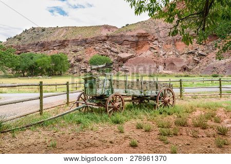Antique Wagon Cart In Fruita, Capitol Reef National Park, Utah