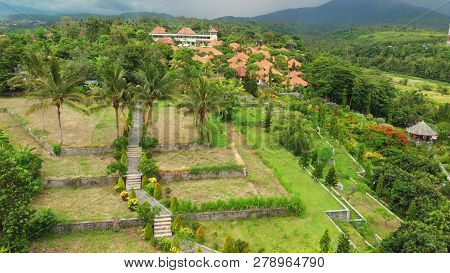 Bali, Indonesia - December 29, 2018: Aerial View Of Taman Ujung Water Palace , Bali Island.