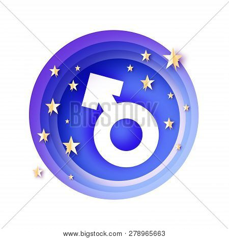 Men Symbol Paper Cut Style. Male Sign. Golden Star On Blue Sky. Gender Concept. Circle Layered Tonne