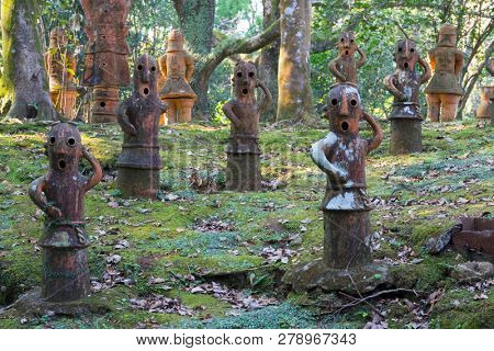 Miyazaki, Japan - November 5, 2018:  Haniwa Garden in Heiwadai Park with earthenware replicas of burial statues found all over the country in Japan