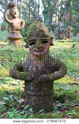 Miyazaki, Japan - November 5, 2018:  Haniwa Garden in Heiwadai Park with earthenware replicas of burial statues found all over the country in Japan