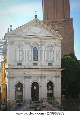 Rome, Italy - December 29, 2018: Tower Of The Militia And Santa Caterina A Magnanapoli Church.