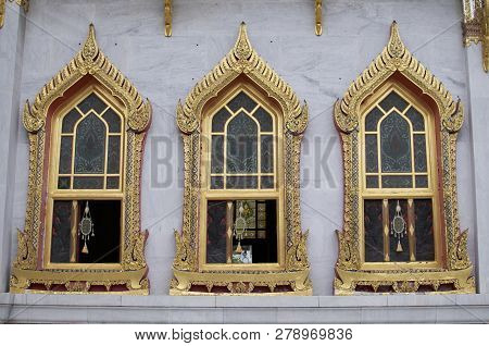 Three Beautiful Windows Of The Wat Benchamabophit (also Known As The Wat Marble Temple) In Bangkok, 