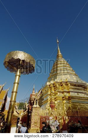 Chiang Mai, Thailand - 26th November 2018 : Low Angle Picture Of The Golden Stupa And Umbrella Of Th