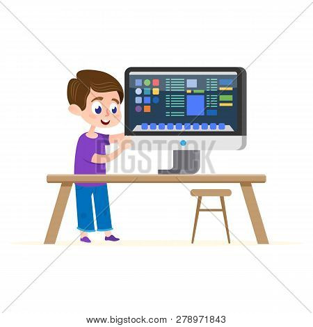 Computer Education Illustration. Cartoon Boy Flat Character Inside House Learn Online Tutorial. Pres