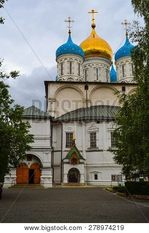 Russia, Moscow, July 2018 - Novospassky Monastery. Orthodox Church With Multi-colored Domes