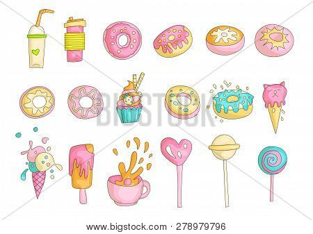 Cute Funny Girl Teenager Colored Icon Set, Fashion Cute Teen And Princess Icons. Magic Fun Cute Girl