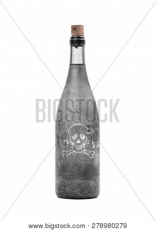 Old Bottle With Poison Inside, Covered In Dust, Isolated On White