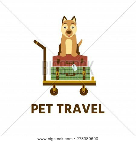 The Two Suitcase Luggage Torism On A Mobile Trolley Handcart Whith Pet Dog. Dog Travel. Flat Design 