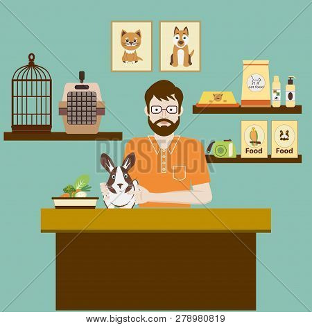 Pet Shop Seller At A Counter In A Store Opposite Shelves With Rabbit In Hutch. Flat Vector Illustrat