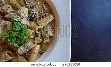 Italian Fettuchini With Parmesan Sauce On Bowl, Any Kinds Of Spaghetti