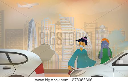 People In Mask And One Closing Nose With Hand For Preventing Dust Pollution In City With Car On Road
