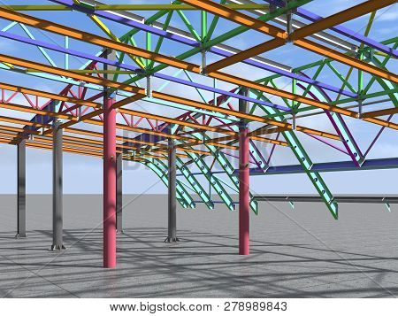 3d Rendering. Bim Model Of Metal Structure. The Building Is Made Of Metal Structures. Building Infor