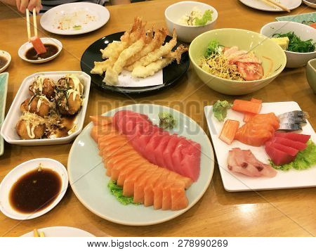 Japanese Food. Sushi Set And Sashimi On The Table. - Image