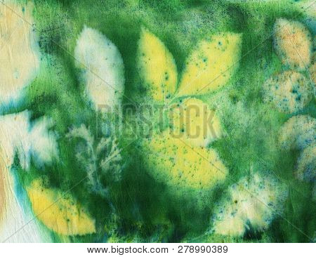 Botanical Print With Leaf Prints On Natural Silk. Hand-drawn Illustration.7