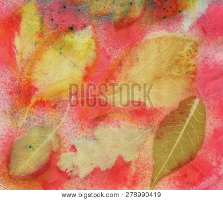 Botanical Print With Leaf Prints On Natural Silk. Hand-drawn Illustration.5