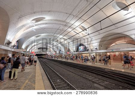 ROME, ITALY - AUGUST 16, 2018: People on the station Termini in Metro of Rome. Opened in 1955, Termini is currently the only station in the Rome Metro system to serve both Lines A and B
