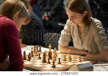 ST. PETERSBURG, RUSSIA - DECEMBER 27, 2018: Grandmaster Anna Muzychuk, Ukraine (right) competes in King Salman World Rapid Chess Championship 2018. Eventually she took 4th place