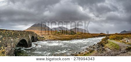 Sligachan Old Stone Bridge Over River Sligachan - Isle Of Skye, Scotland Uk