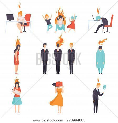 Exhausted Tired People With Burning Brains Set, Emotional Burnout Concept, Stress, Headache, Depress