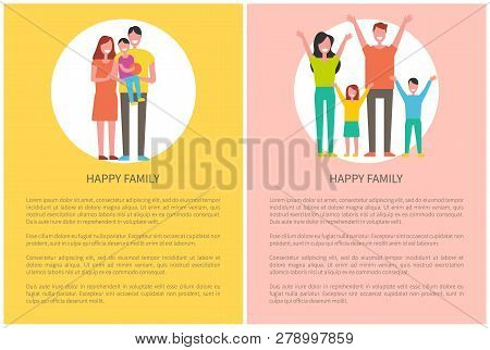 Happy Family Spend Time Together. Mother, Father, Daughter And Son Rise Hands Up Greeting Everyone. 