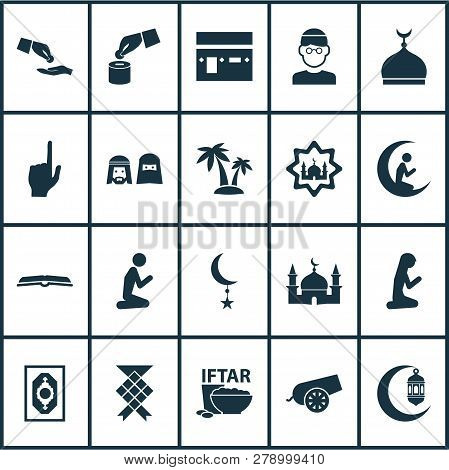 Religion Icons Set With Mushaf, Crescent, Bomb And Other Mecca Elements. Isolated Vector Illustratio