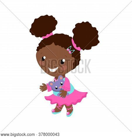 Smiling African Girl In Pink Dress Vector Illustration On White Background. African American Toddler