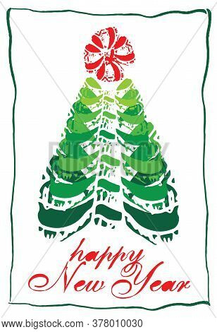 Happy New Year Greeting Card Christmas Tree Made Of Bows With Kars Bow, Vector Illustration