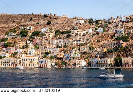 Symi / Greece - August 17 2017: View Of The Village. Symi Is A Tiny Island Of Dodecanese, That Amaze
