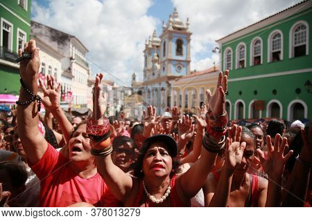 Salvador, Bahia / Brazil - December 4, 2019: Devotees Of Santa Barbara And Candombe Supporters Celeb