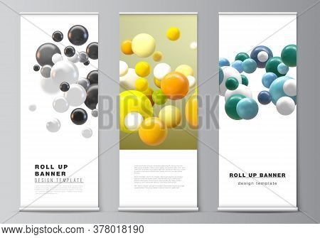 Vector Layout Of Roll Up Mockup Templates For Vertical Flyers, Flags Design Templates, Banner Stands