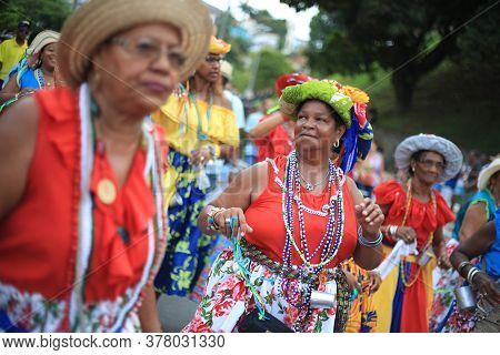 Salvador, Bahia / Brazil - January 24, 2016: Members Of The Lindomar Axe Cultural Group Are Seen Dur