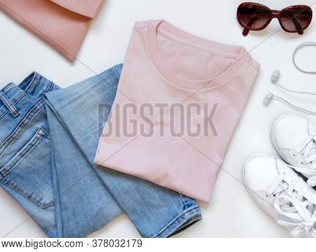 Mockup Of A Folded T-shirt Placed Surrounded By Trendy Aaccessories Flat Lay