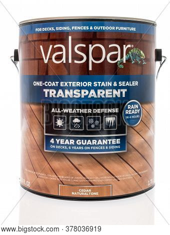 Winneconne,  Wi - 16 July 2020: A Can Of Valspar One Coat Exterior Stain And Sealer On An Isolated B