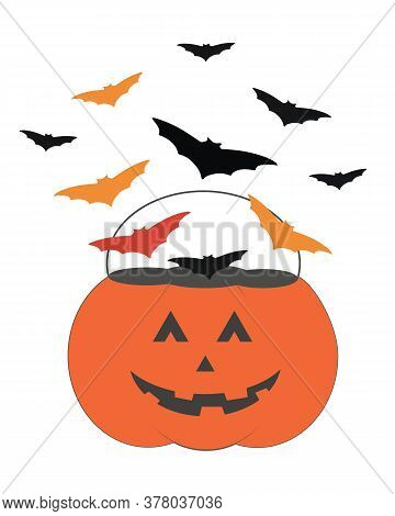 Pumpkin Bucket With Bats Illustration. Vector Hand Drawn Halloween Sticker For Print Design