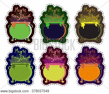 Magic Is Everywhere Sticker Pack For Halloween Party. Cute Holiday Element Set For Your Design, Bann