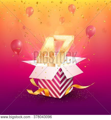 47th Years Anniversary Vector Design Element. Isolated Forty-seven Years Jubilee With Gift Box, Ball