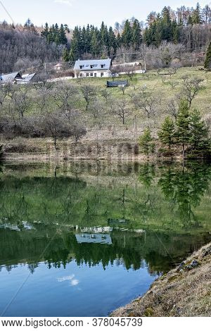 Water Reservoir Klinger In Stiavnica Mountains, Slovak Republic. Seasonal Natural Scene. Hiking Them